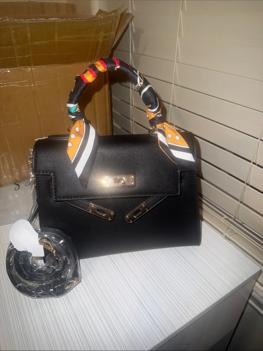 Structured Black Top-Handle Satchel with Scarf-Wrapped Handle